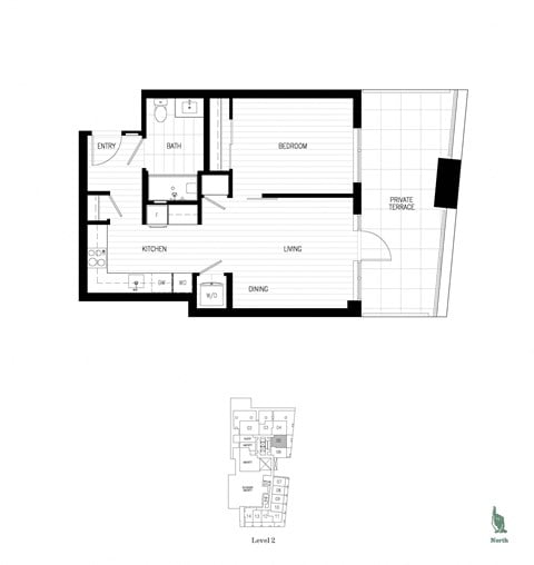 Floor plan for 1 bed, 1 bath, 589 sqft
